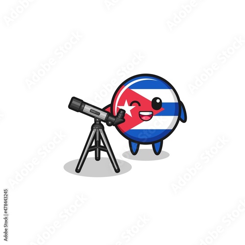 cuba flag astronomer mascot with a modern telescope