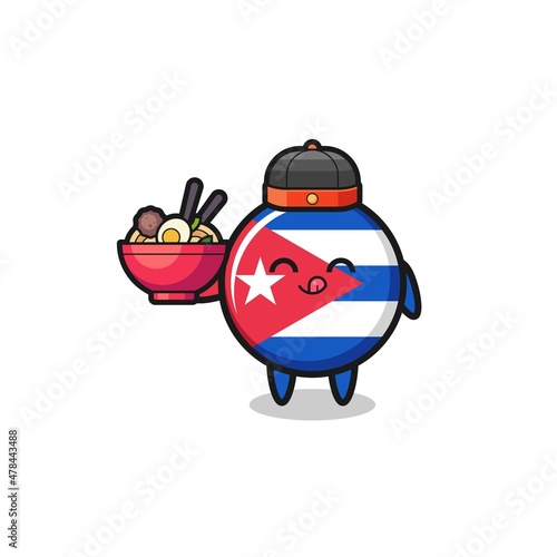 cuba flag as Chinese chef mascot holding a noodle bowl