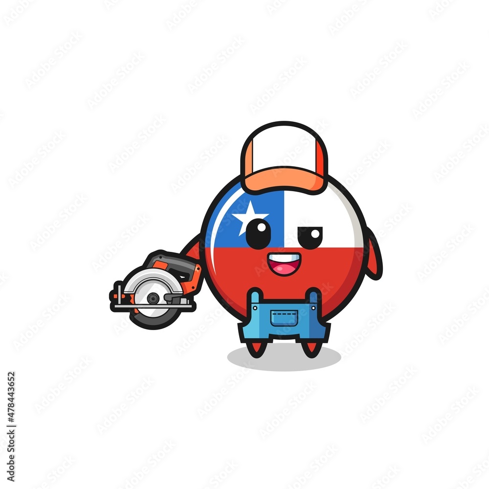 the woodworker chile flag mascot holding a circular saw