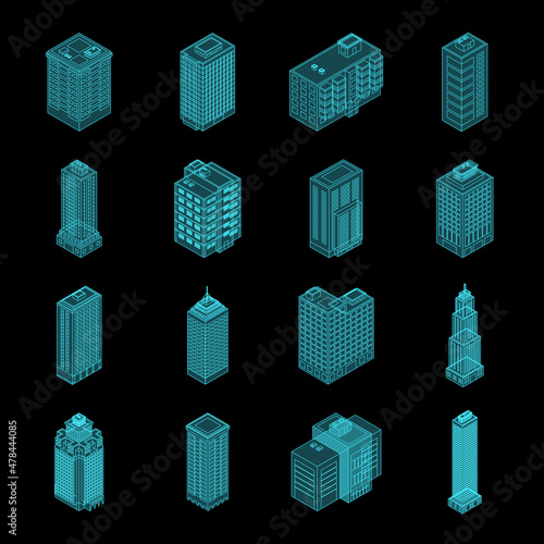 Isometric Holography City Building Set.
