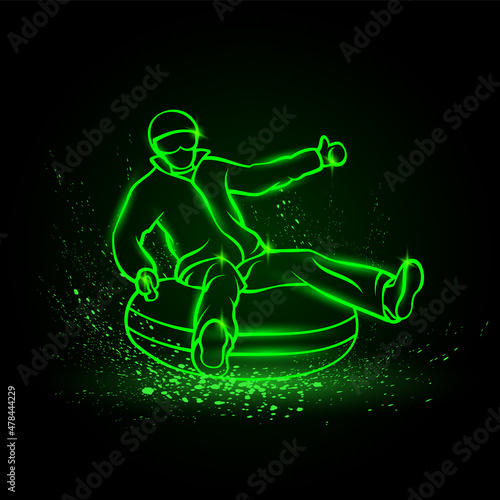Snow tubing winter fun on the mountainside. Green neon tubing extreme skiing illustration.