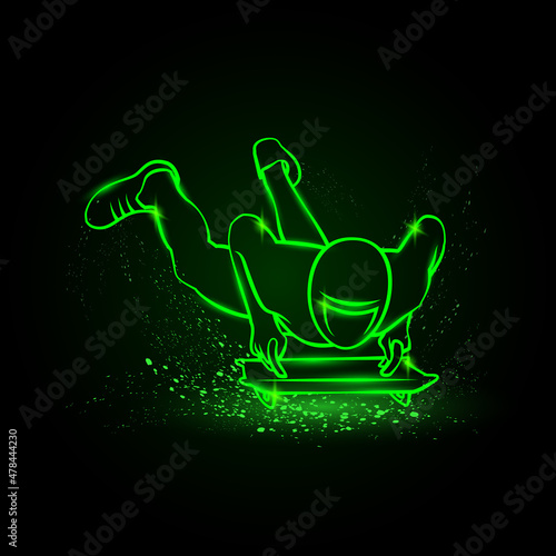 Skeleton sport illustration. Green neon winter sport background with sportsman on sleigh.
