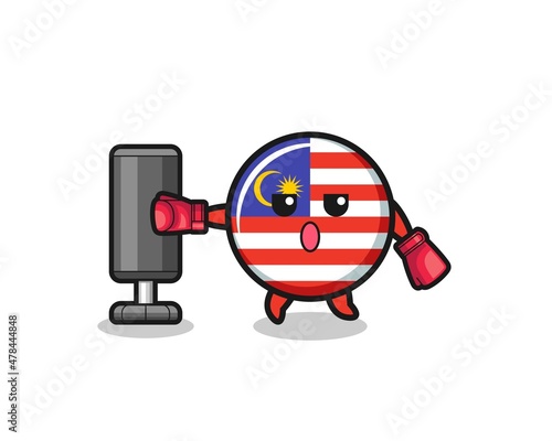 malaysia flag boxer cartoon doing training with punching bag