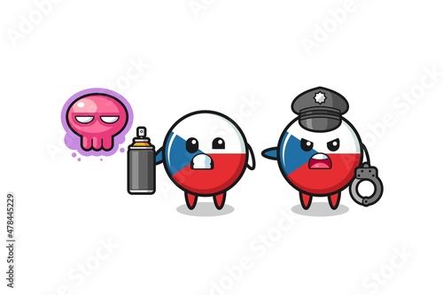 czech flag cartoon doing vandalism and caught by the police