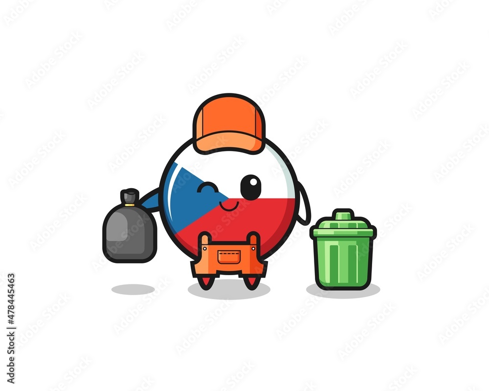 the mascot of cute czech flag as garbage collector