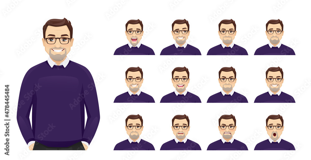 Mature business man with different facial expressions set vector illustration isolated Mature business man with different facial expressions set vector illustration isolated