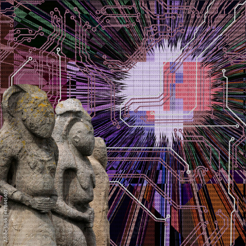  Polovtsian stone idols on the background of the abstract image of the printed circuit boards. photo