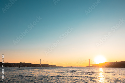 Istanbul background photo. Panoramic view of Bosphorus Bridge at sunset