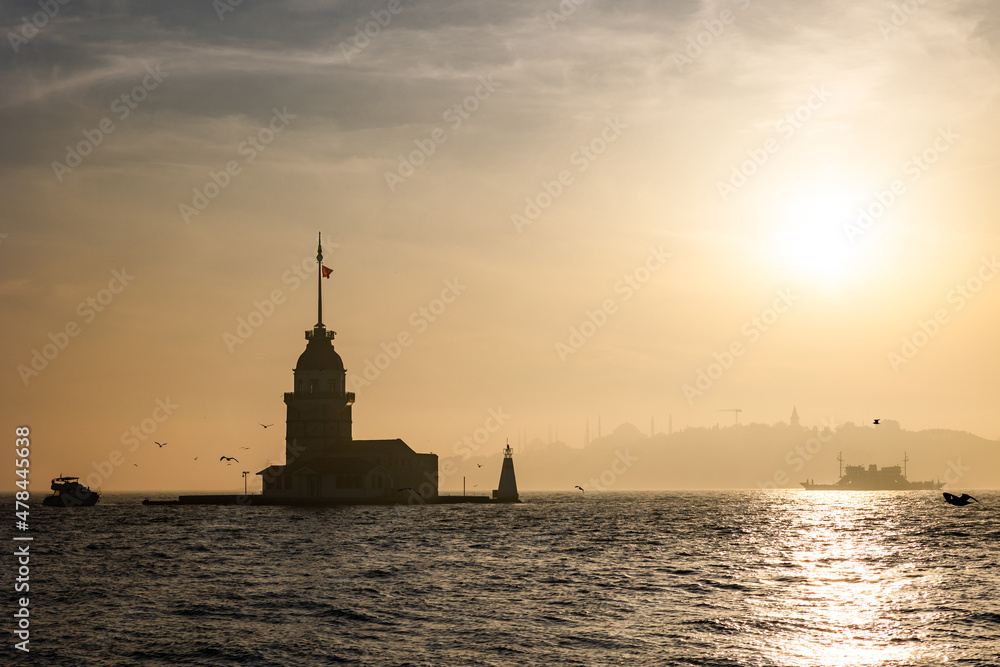 Maiden's Tower. Silhouette of Kiz Kulesi or Maiden's Tower with foggy weather