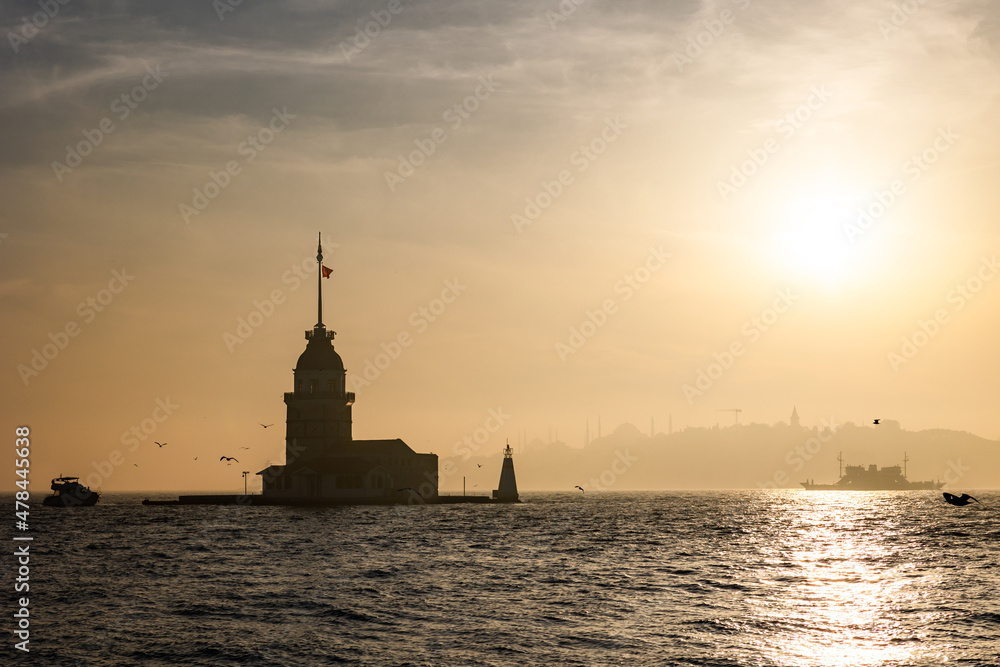 Maiden's Tower. Silhouette of Kiz Kulesi or Maiden's Tower with foggy weather Maiden's Tower. Silhouette of Kiz Kulesi or Maiden's Tower with foggy weather