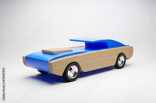 3d illustration of a  blue racing toy  car on the white isolated background.