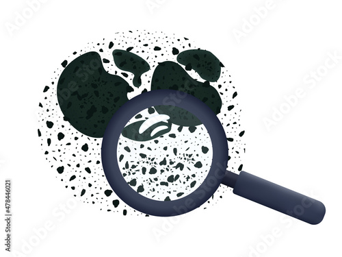 Search black mold. Black mold spot. Exploring, detection of fungal stain. Wet and dirty area with toxic mildew. The texture of the moldy floor, ceiling, wall. Spread, damage of fungal spores. Vector