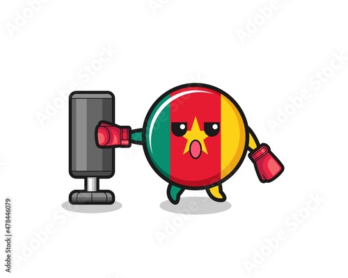 cameroon flag boxer cartoon doing training with punching bag