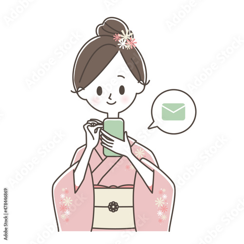 スマートフォンでメールを送る着物姿の女性