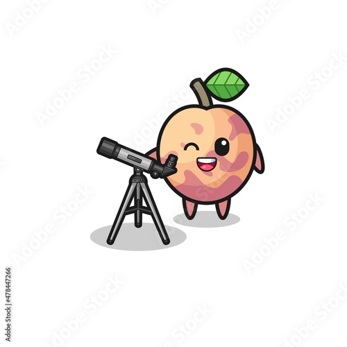 pluot fruit astronomer mascot with a modern telescope