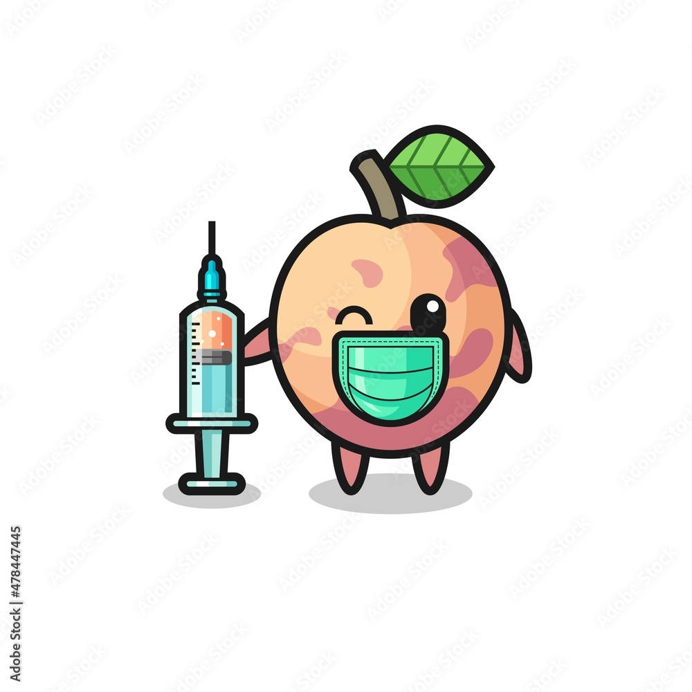 pluot fruit mascot as vaccinator