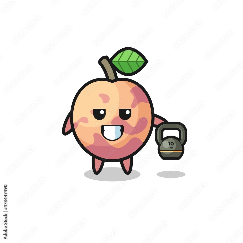 pluot fruit mascot lifting kettlebell in the gym pluot fruit mascot lifting kettlebell in the gym