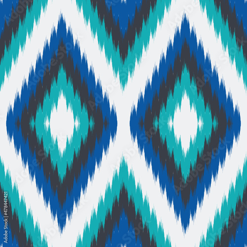 Abstract Seamless pattern Tribal Art Ikat Ogee in traditional classic blue and white colors