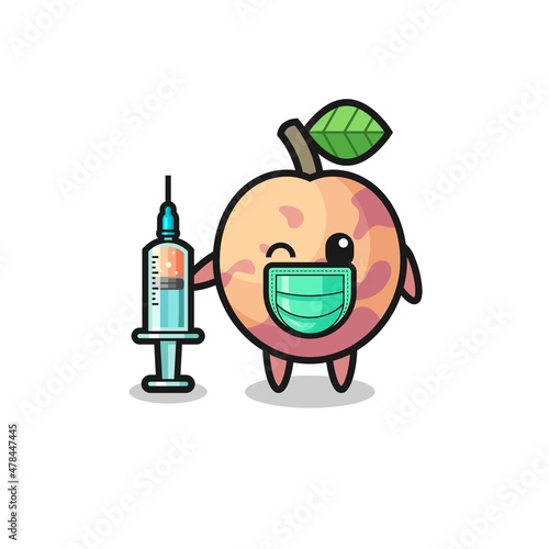 pluot fruit mascot as vaccinator