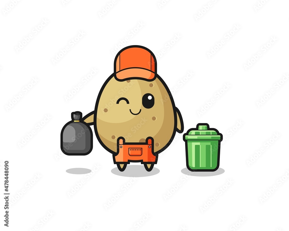 the mascot of cute potato as garbage collector