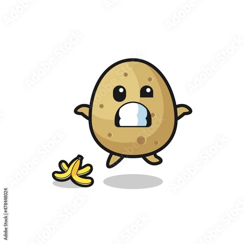 potato cartoon is slip on a banana peel