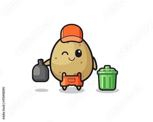 the mascot of cute potato as garbage collector