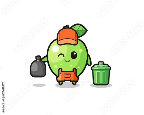 the mascot of cute green apple as garbage collector
