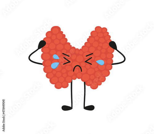 Kawaii unhealthy thyroid gland character. Drawing of a crying thyroid gland. Hypothyroidism and hyperthyroidism concept. Vector illustration isolated in cartoon style on white background.