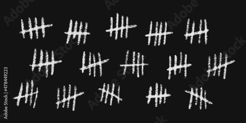 Tally marks drawn in chalk. Hand drawn lines or sticks sorted by four and crossed out. Simple math count visualization, prison or jail wall counter. Vector illustration isolated on black background.