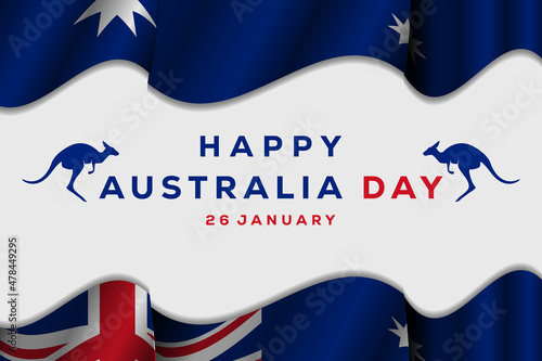 happy Australia day background with realistic Australia flag and silhouette kangaroo