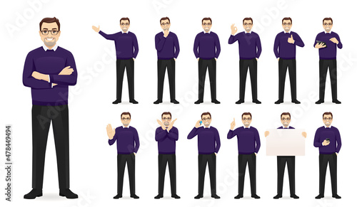 Handsome business man in casual clothes standing in different poses set isolated vector illustration