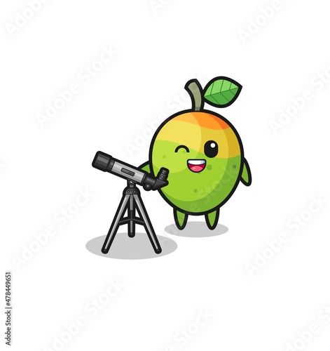 mango astronomer mascot with a modern telescope