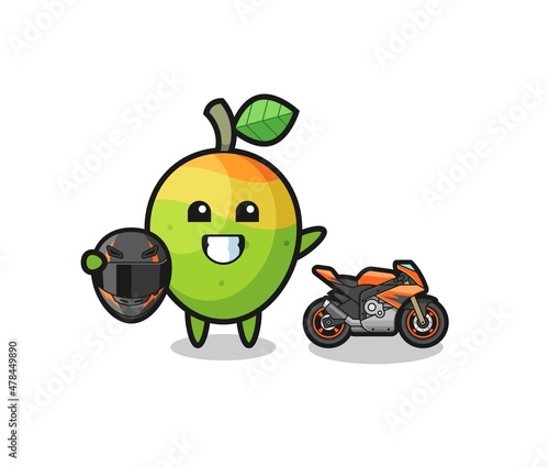 cute mango cartoon as a motorcycle racer