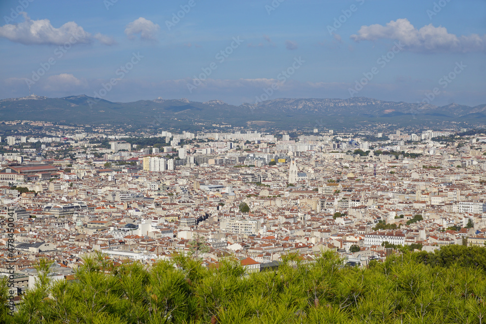 panoramic view of downtown Marseille, south of France and the hills