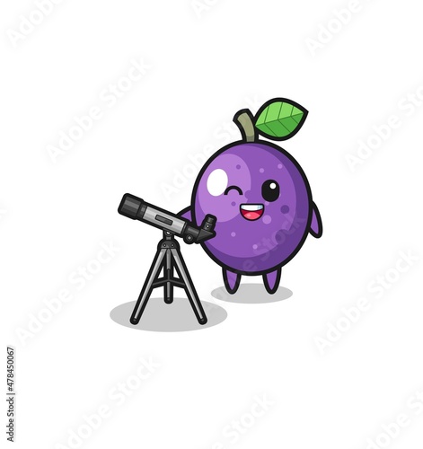passion fruit astronomer mascot with a modern telescope