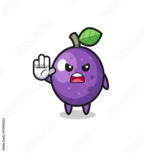 passion fruit character doing stop gesture
