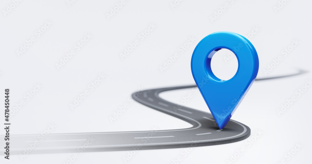Fotografie Blue location 3d icon of traffic street route map symbol or navigation gps pin point marker and global position system destination address sign isolated on white background with asphalt road pointer