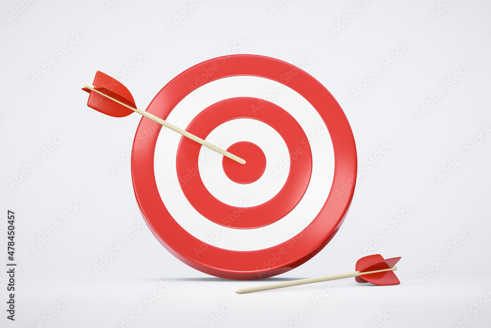 Φωτογραφία Red arrow aim to business target goal hit success center accuracy competition symbol or strategy dartboard and winner bullseye archery isolated on white 3d background icon with marketing achievement
