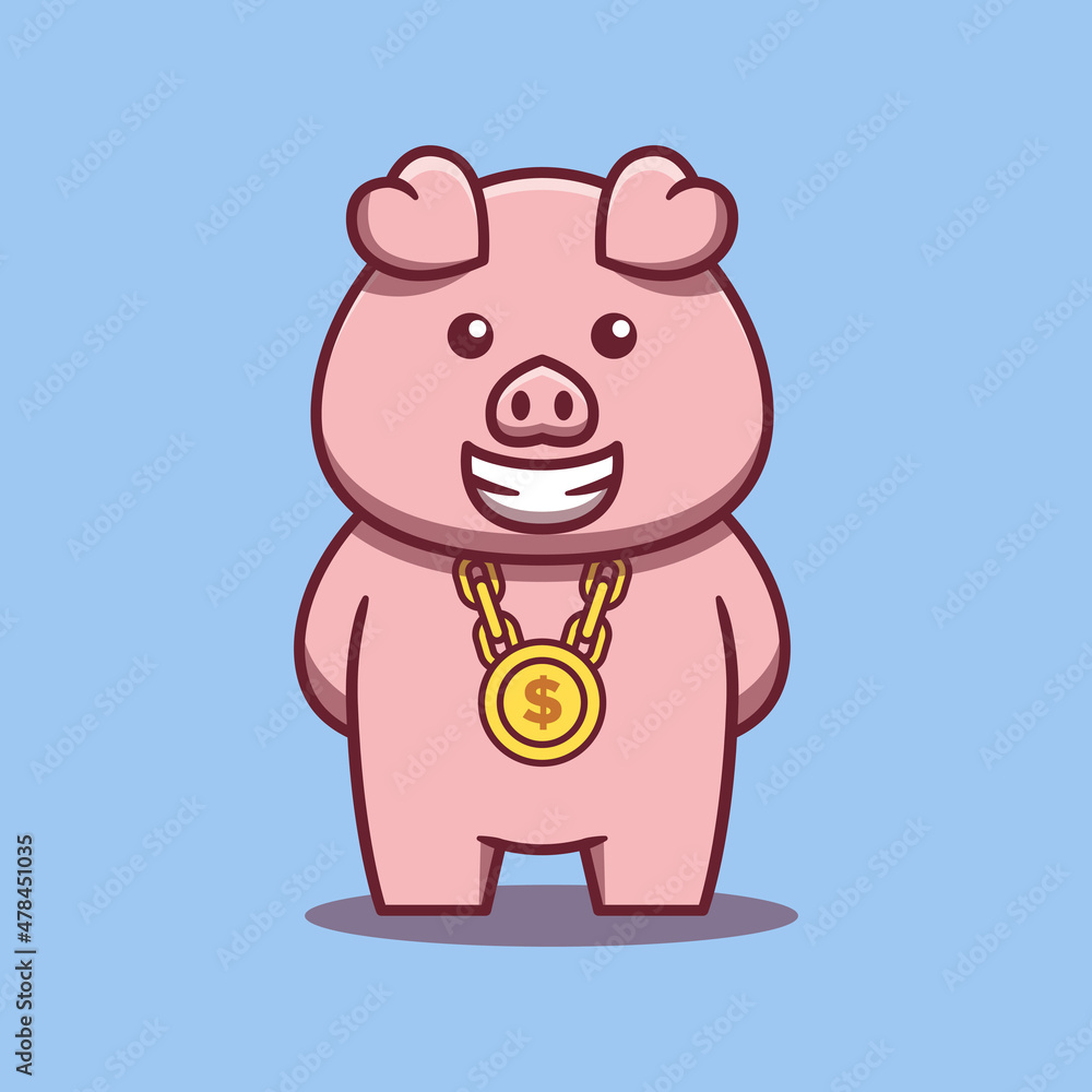 Fototapeta premium Pig rich cartoon illustration. Flat cartoon style. Vector animal concept isolated on a blue background.