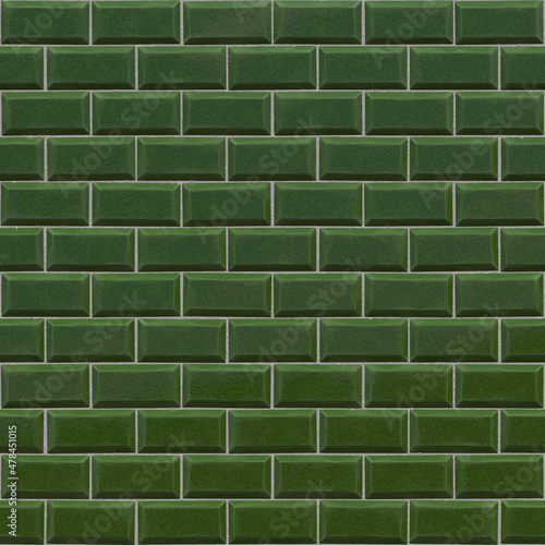 Enameled subway tile background, abstract texture of green brick, surface and ceramic wall design. Interior wall decoration mosaic close-up. 3D-rendering