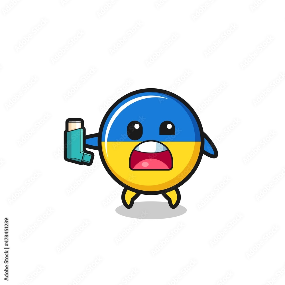 ukraine flag mascot having asthma while holding the inhaler