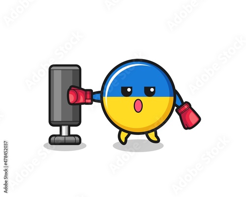 ukraine flag boxer cartoon doing training with punching bag