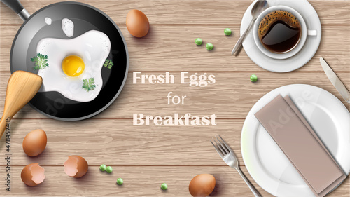 3d realistic nutritious concept  background. Healthy breakfast wooden table setting. Plate with fork and knife and sunny-side up eggs on the pan with fresh coffee.