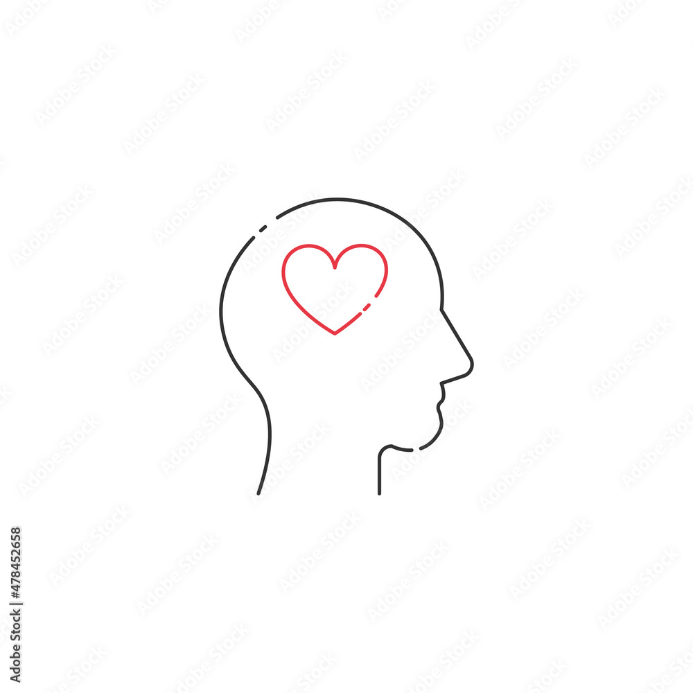 Heart in a human head linear icon editable stroke. The psychology of the way of thinking. Valentines thinking of you. Vector linear icon isolated on white background.