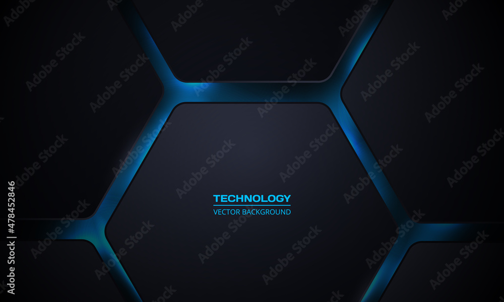 Black 3d hexagonal technology vector abstract background. Blue bright ...