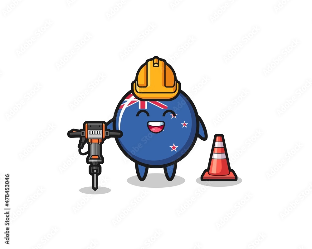 road worker mascot of new zealand holding drill machine