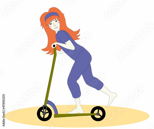 a girl rides a scooter