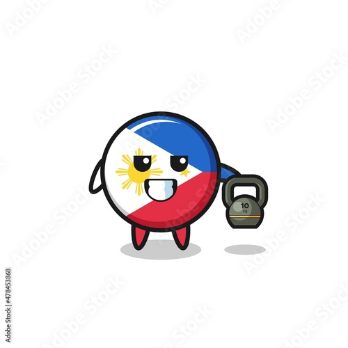 philippines flag mascot lifting kettlebell in the gym