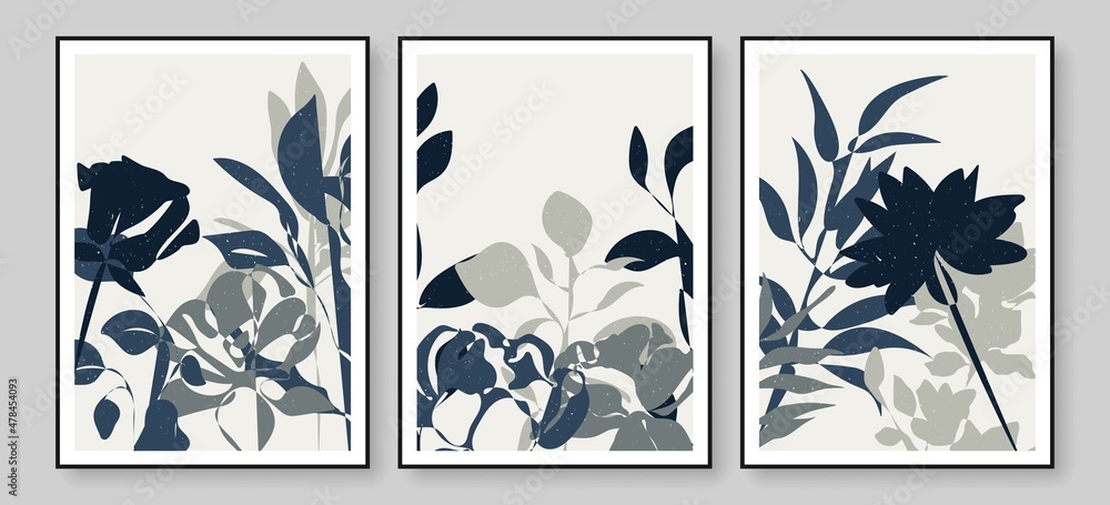 Tropical Leaves Poster Set with Blue and Gray Leaf, Flower. Luxury Botanical Design for Floral Wedding Card,  Invitation, Menu Template, Poster, Print. Vector EPS 10