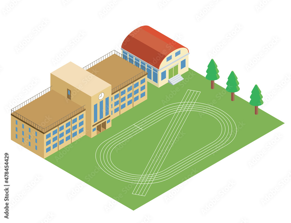 アイソメトリックスの建築物 学校校舎の立体イラスト 体育館 校庭 3d Isometrics Building Stock Vector Adobe Stock